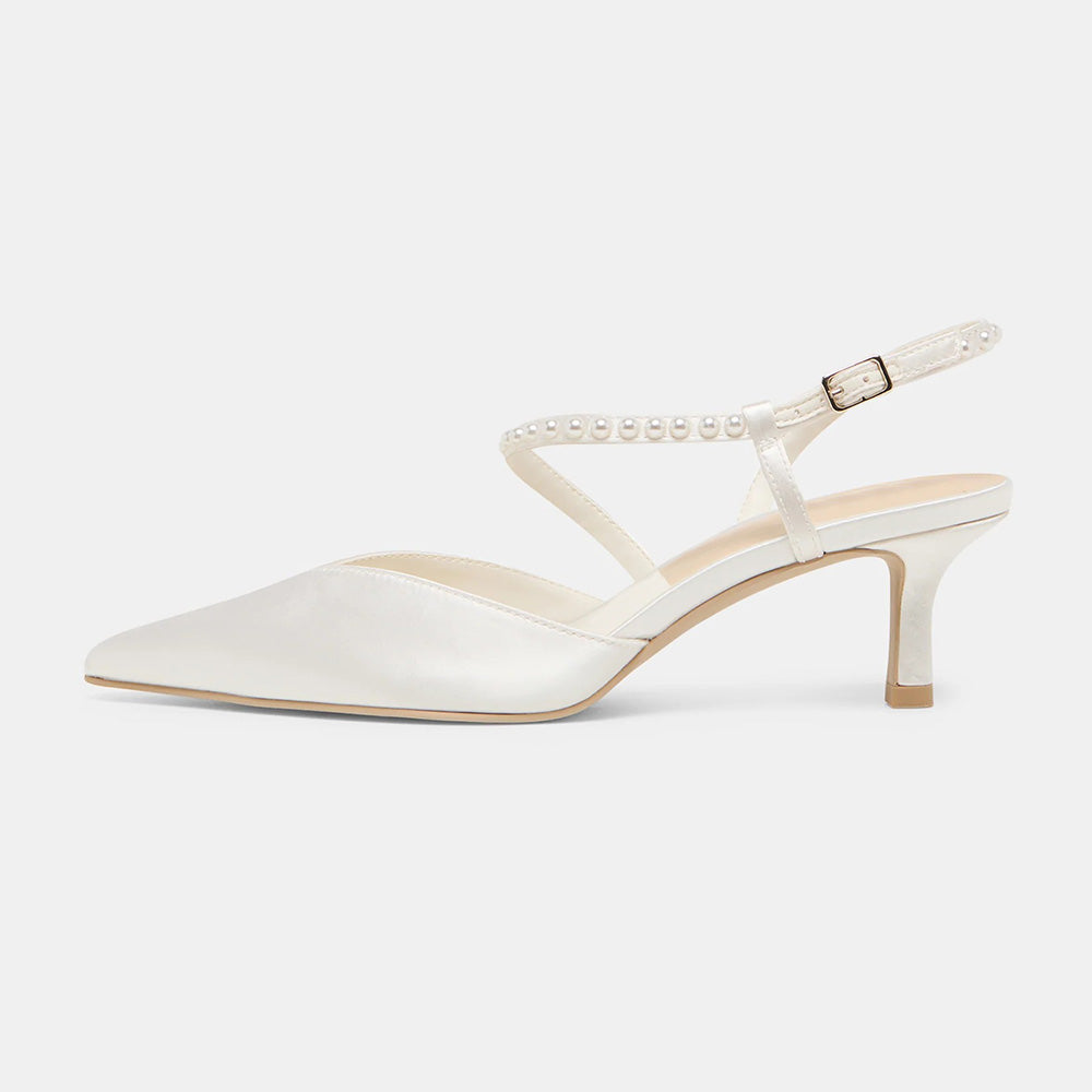 Elegant White Satin Pointed Toe Pearl Ankle Strap Wedding Heels