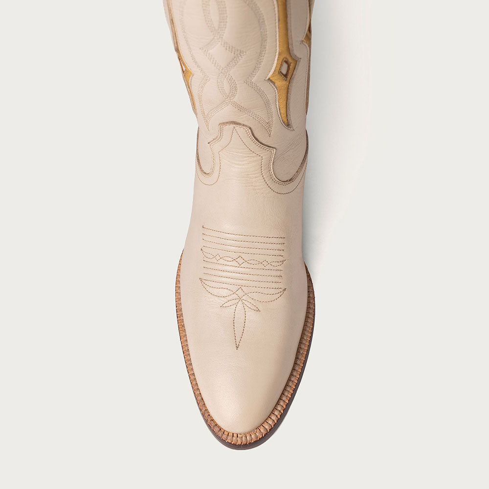 Beige Closed Toe Patchwork Embroidered Western Boots for Women