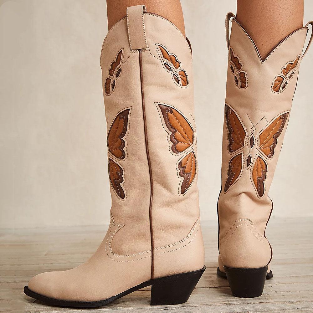 Beige Round Toe Chunky Heel Butterfly Inlay Mid-Calf Cowgirl Boots