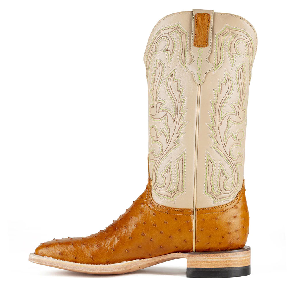 Beige & Tan Ostrich Embossed Mid-Calf Embroidered Cowgirl Boots