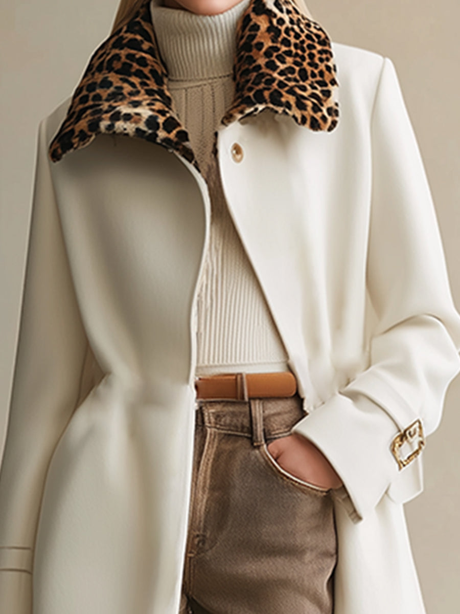 Elegant Urban Leopard Fur Collar Cream White Long Wool Coat
