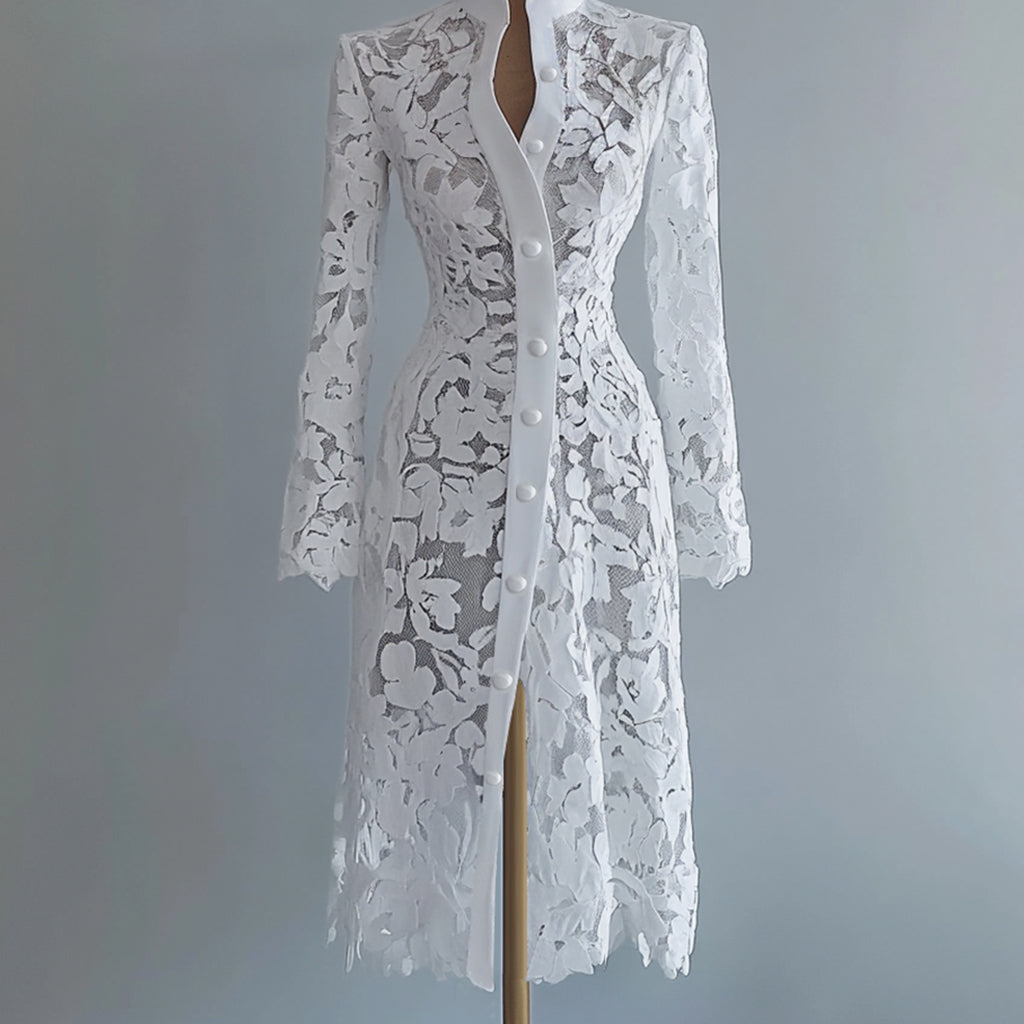 Ursime Lace Stand Collar Button Long Sleeve Coat Midi Dress