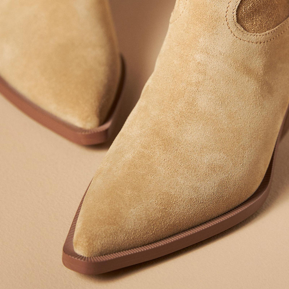 Beige Faux Suede Snip Toe Chunky Heel Mid-Calf Cowgirl Boots