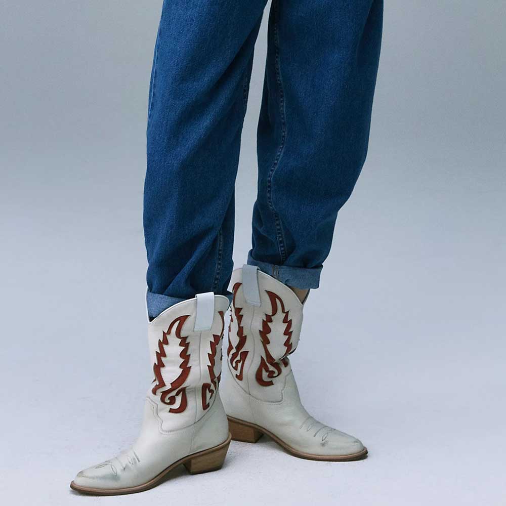 Beige Vegan Leather Pointed Toe Patch-Work Classic Western Boots