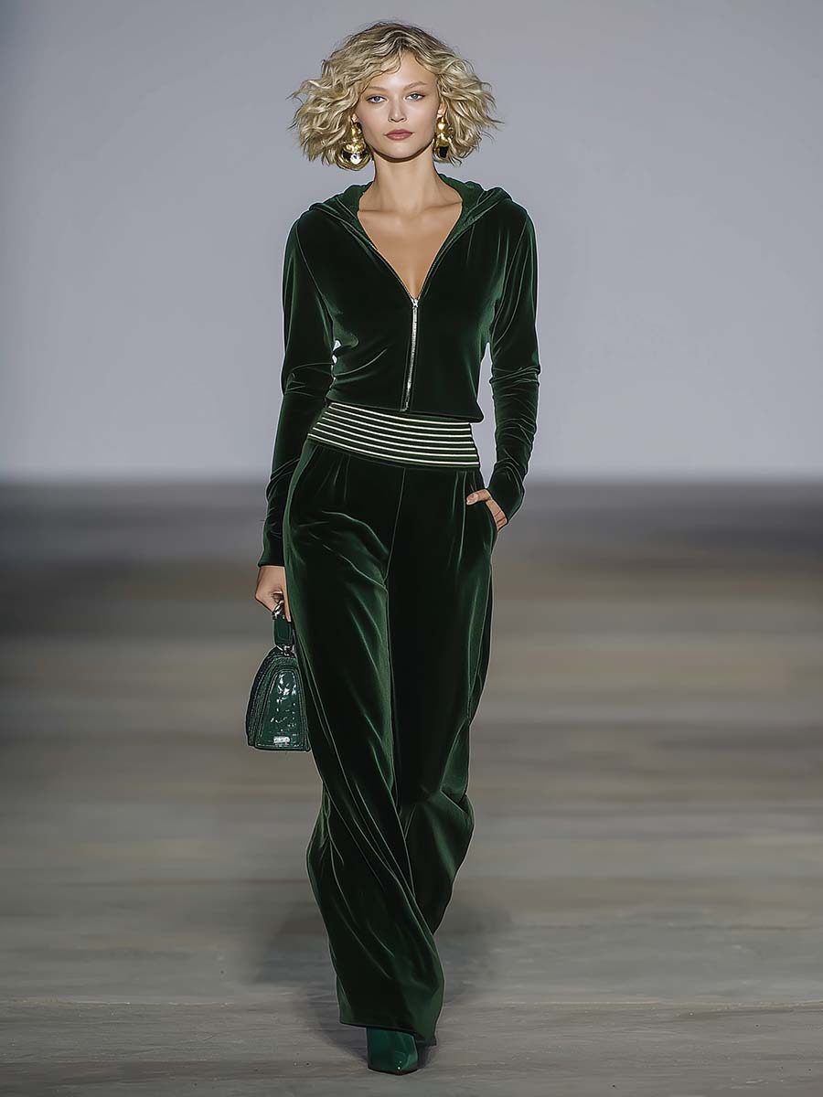 Elegant Retro Sporty Dark Green Velvet Hooded Front Zip Top And Pants Set