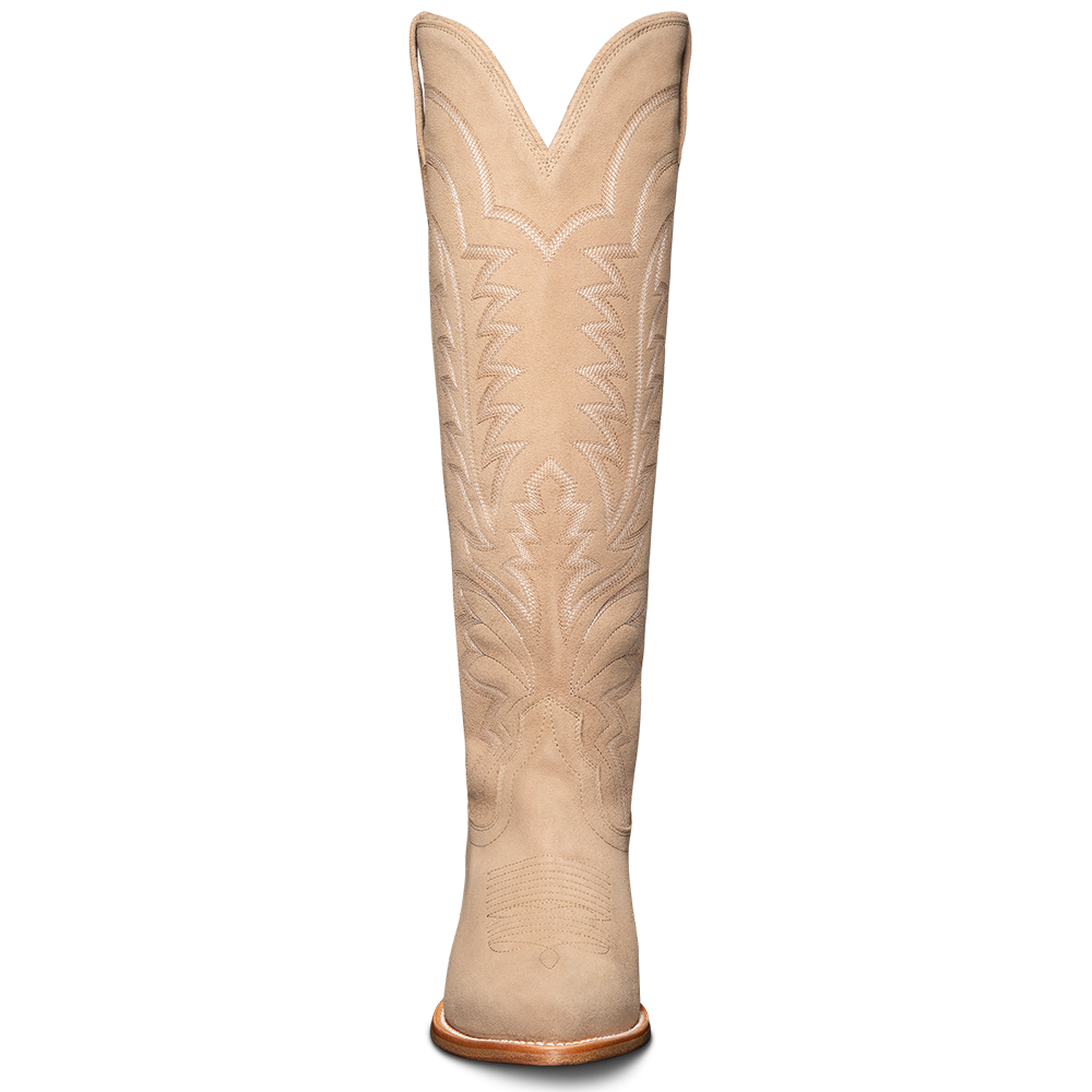 Beige Embroidered Almond Toe Chunky Heel Knee-High Cowgirl Boots