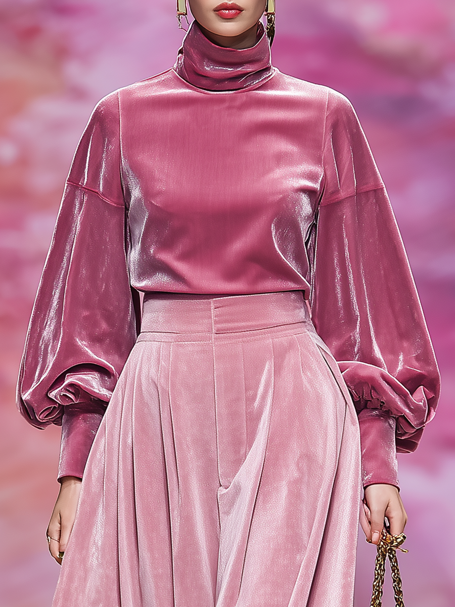 Elegant Velvet Stand-up Collar Long-sleeved T-shirt And Skirt Set
