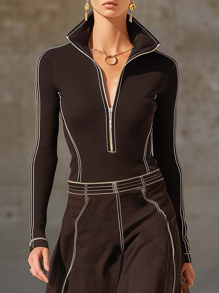 Exquisite Vintage Sports Lapel Front Zipper White Piping Dark Brown Stretch Cotton Maxi Dress