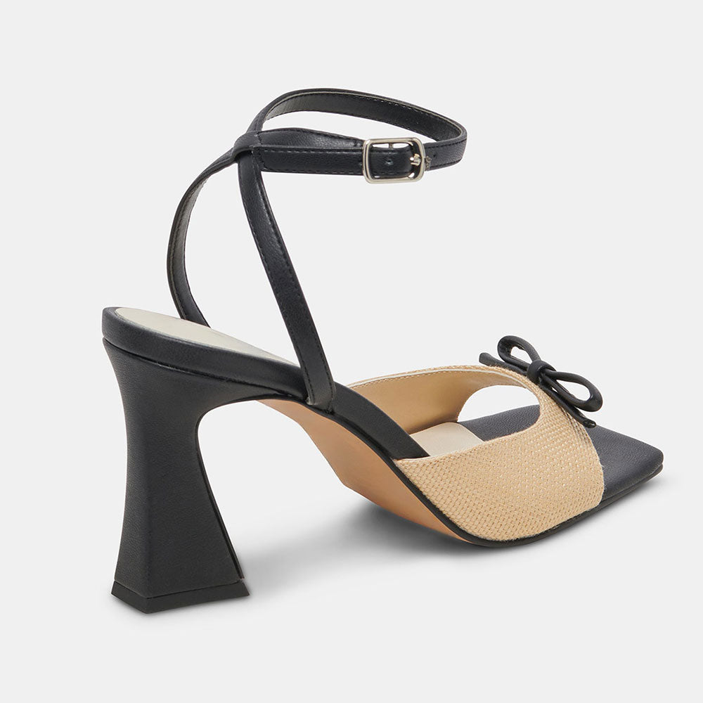 Beige & Black Open Square Toe Flared Heel Ankle Strap Women's Sandals