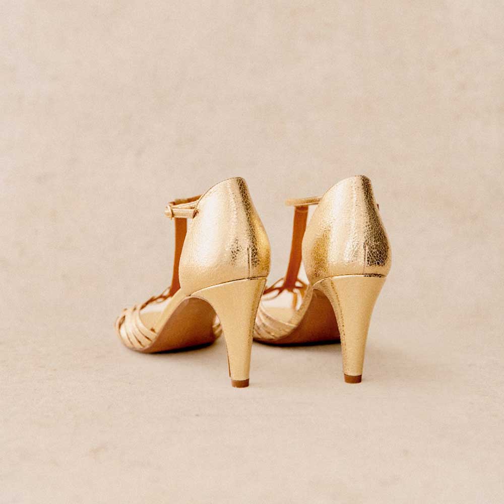 Fashion Gold Metallic Peep Toe T-Strap Women's Sandals with Cone Heel