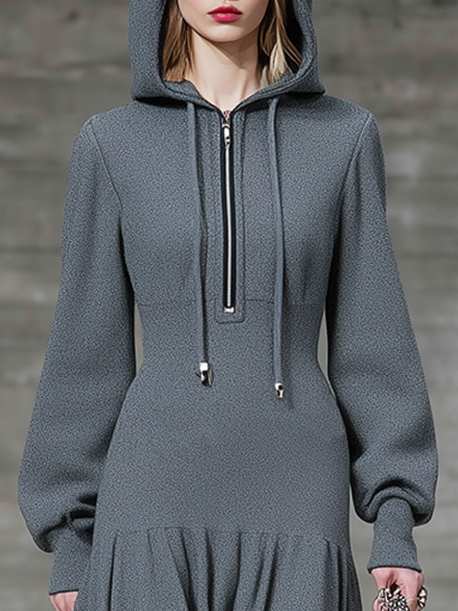 Fashion Loose Gray Safety Pin Hooded Zipper Midi Dress
