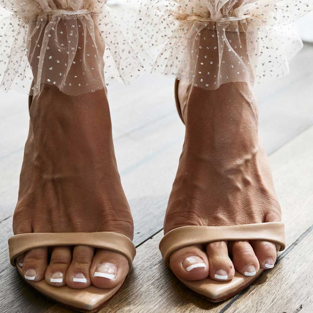 Beige Pointed Toe 3'' Stiletto Heel Mesh Flared Ankle Strap Sandals