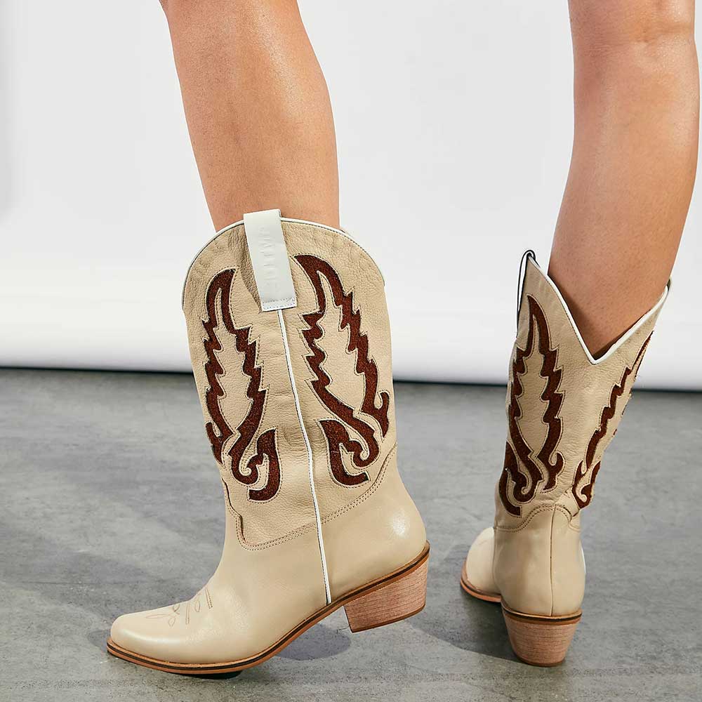 Beige Vegan Leather Pointed Toe Patch-Work Classic Western Boots