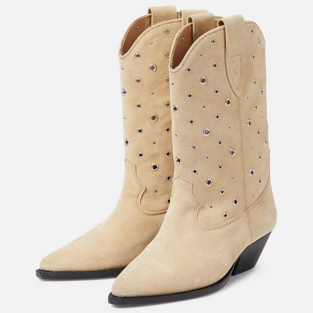 Beige Faux Suede Pointed Toe Chunky Heel Wide-Calf Cowgirl Boots