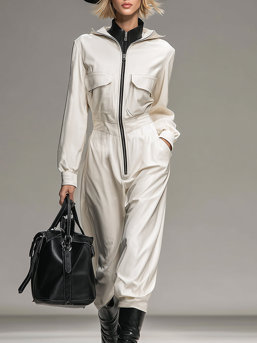 Fashionable And Casual White Lapel Zipper Pocket Faux Leather Long-sleeved Jumpsuit