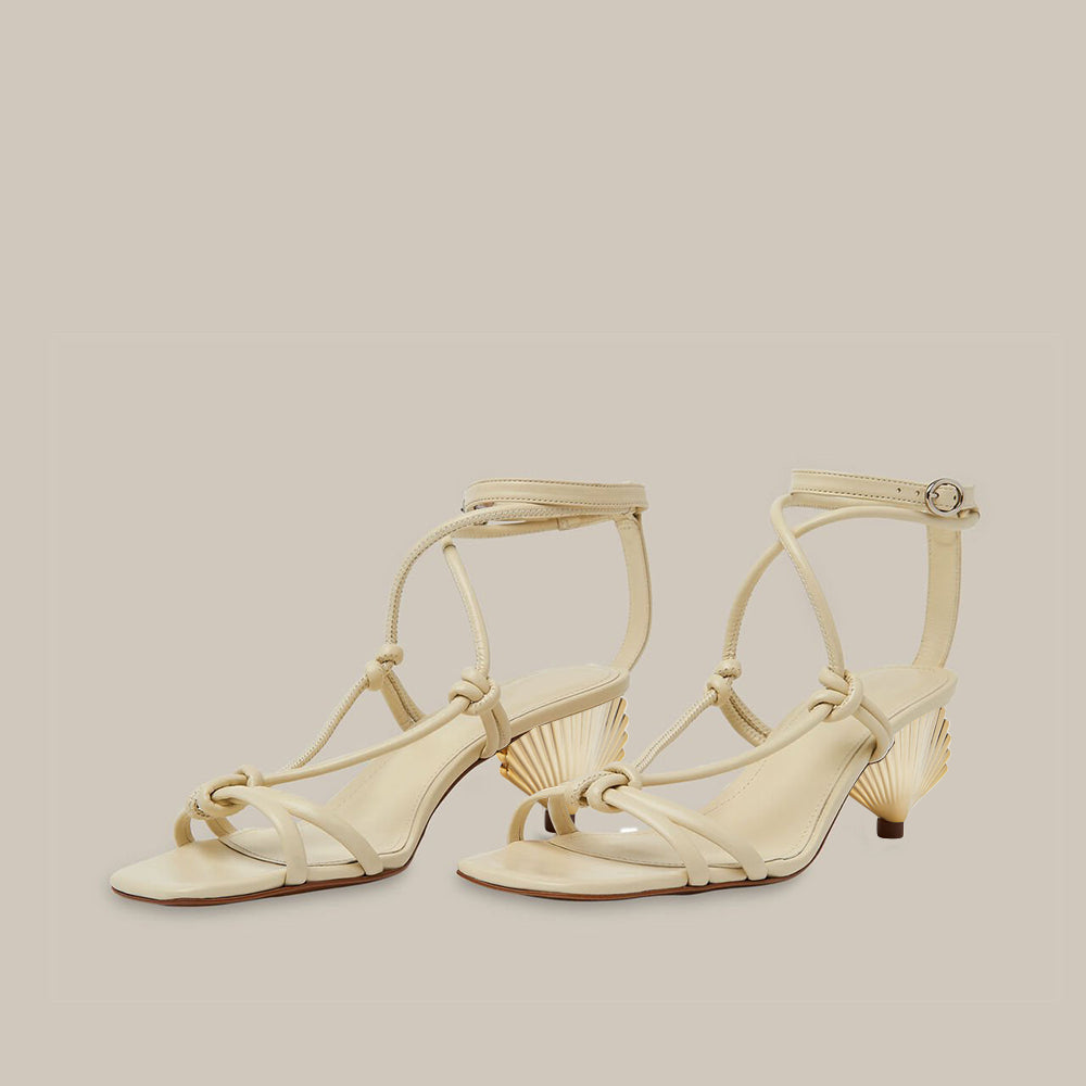 Beige Square Toe Decorative Heel Ankle Strap Sandals