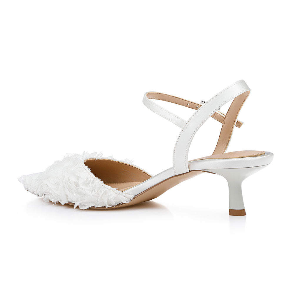 Elegant White Lace Rose Pointed Toe Ankle Strap Wedding Heels