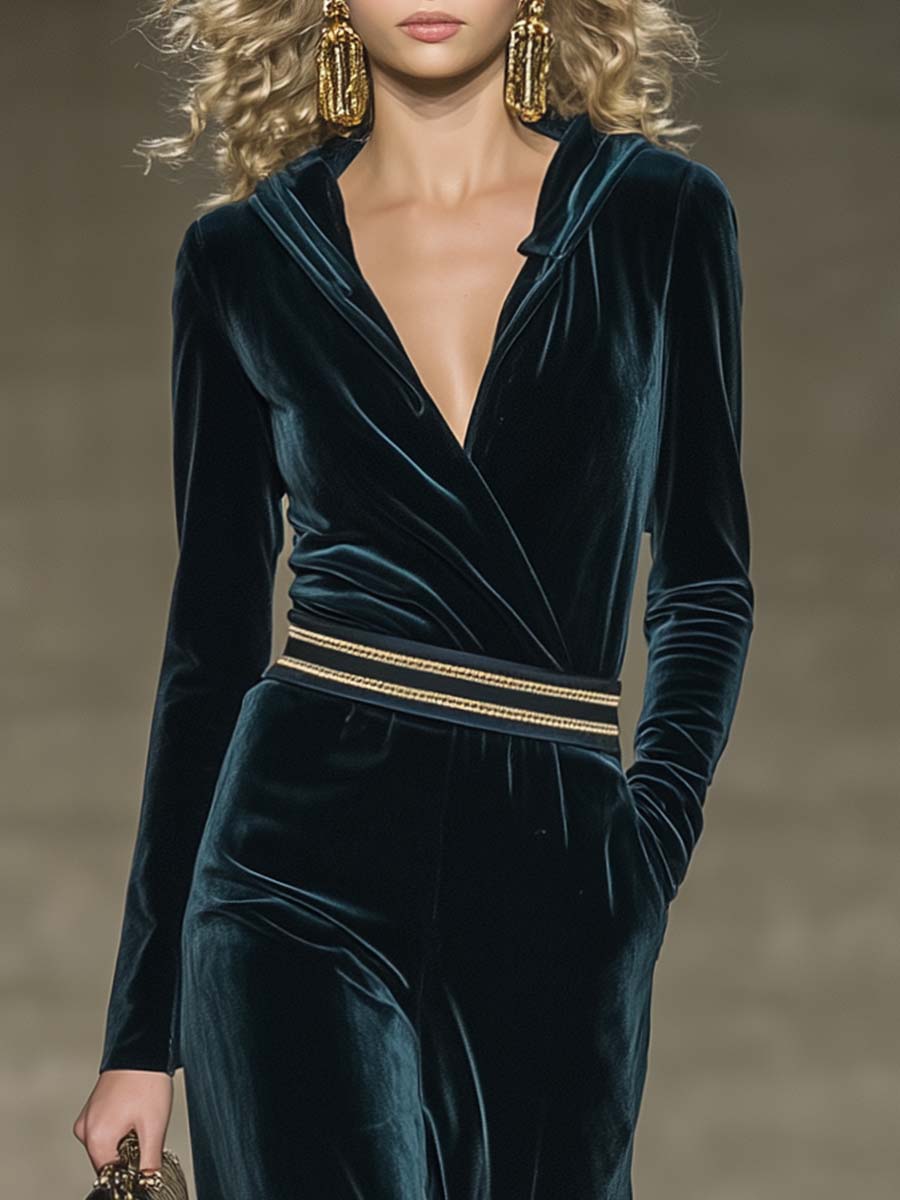 Elegant Retro Sports Style Dark Blue Velvet V-neck Hooded Top And Pants Set
