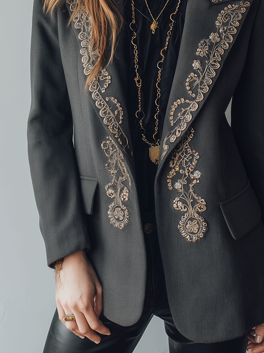 Elegant Chic Black Gold Embroidered Lapel Blazer