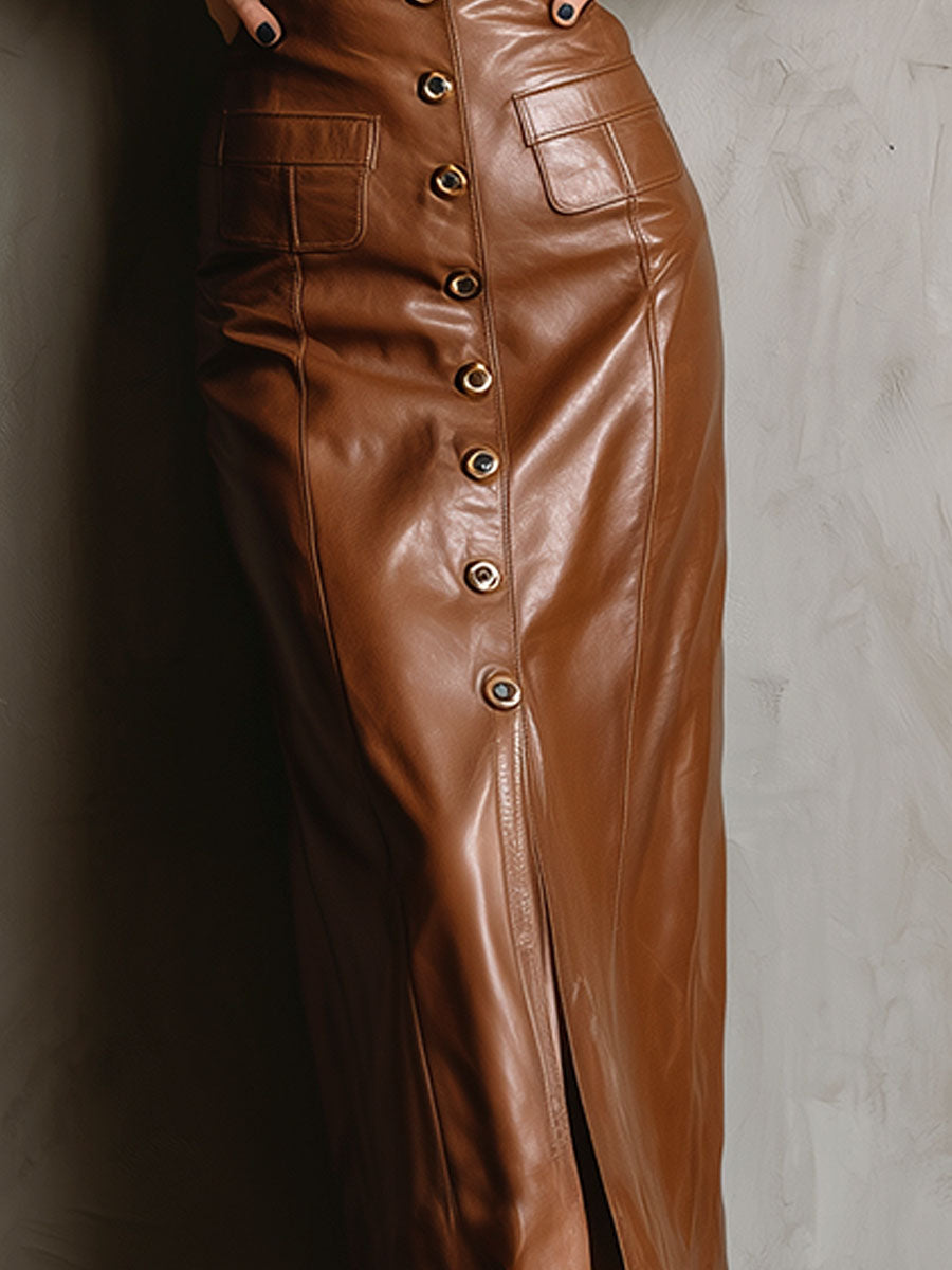 Front Button High-Waisted Brown Eco Leather Midi Skirt With Pockets