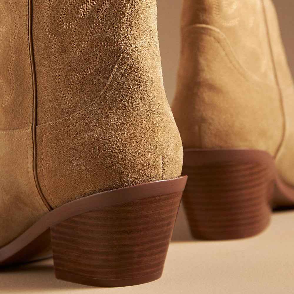 Beige Faux Suede Snip Toe Chunky Heel Mid-Calf Cowgirl Boots