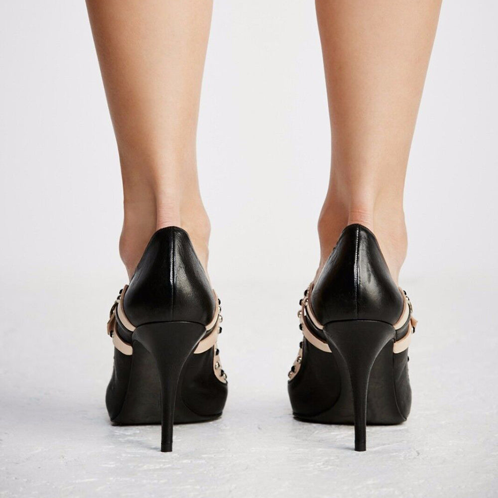 Beige & Black Closed Toe 4'' Stiletto Heel Strappy Pumps