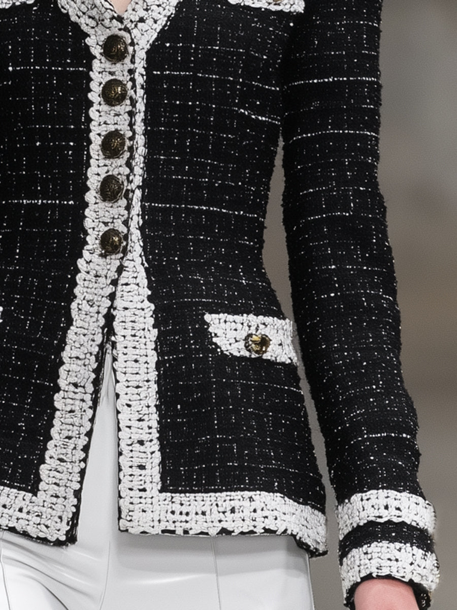 Fashionable Black Tweed Patchwork Ribbon Jacket