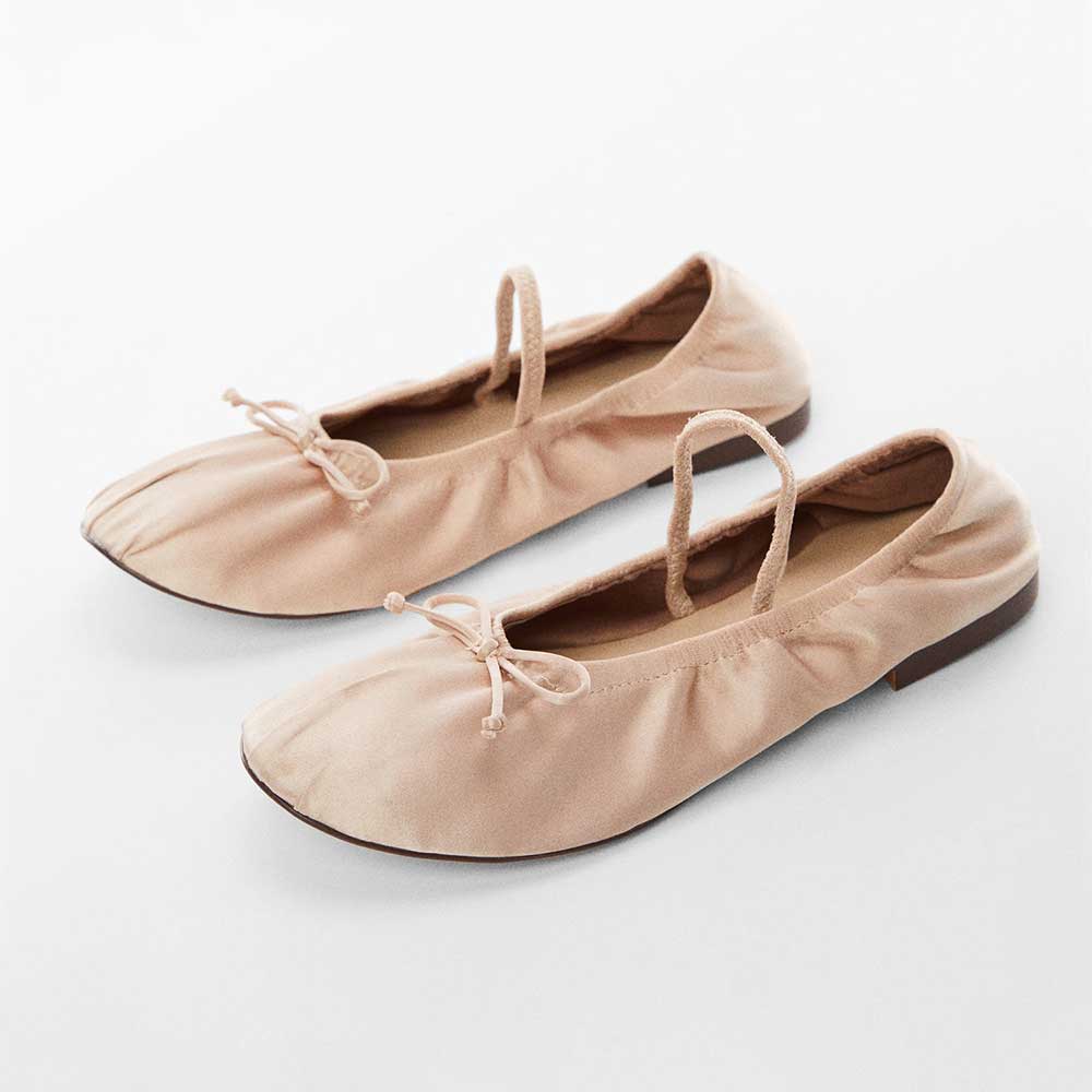 Beige Satin Round Toe Bow-Tie Slip-On Ballet Flat Shoes with Strap