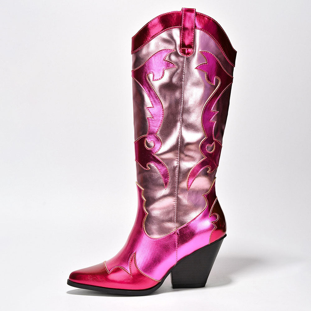 Fuchsia and Pink Metallic Patchwork Cowgirl Boots with Chunky Heel