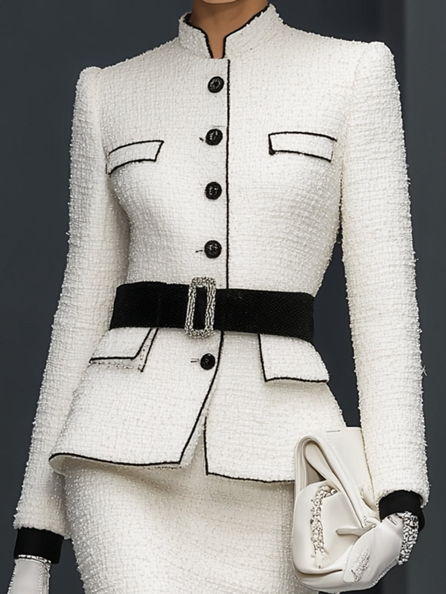 White Tweed Patchwork Black Ribbon Jacket And Fishtail Skirt Suit