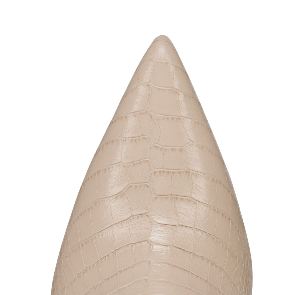 Beige Croc Embossed Cone Heel Embroidered Cowboy Boots for Women