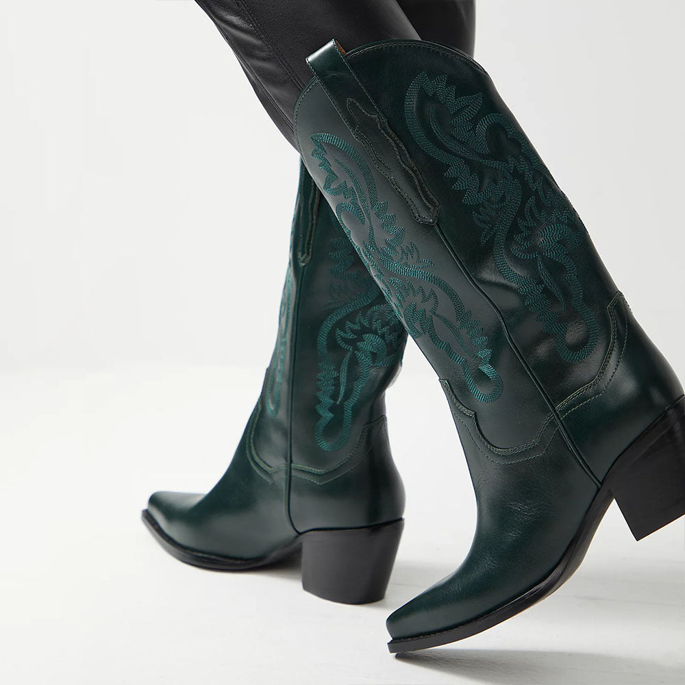 Dark Green Pointy Toe 3’‘ Chunky Heel Mid-Calf Cowgirl Boots