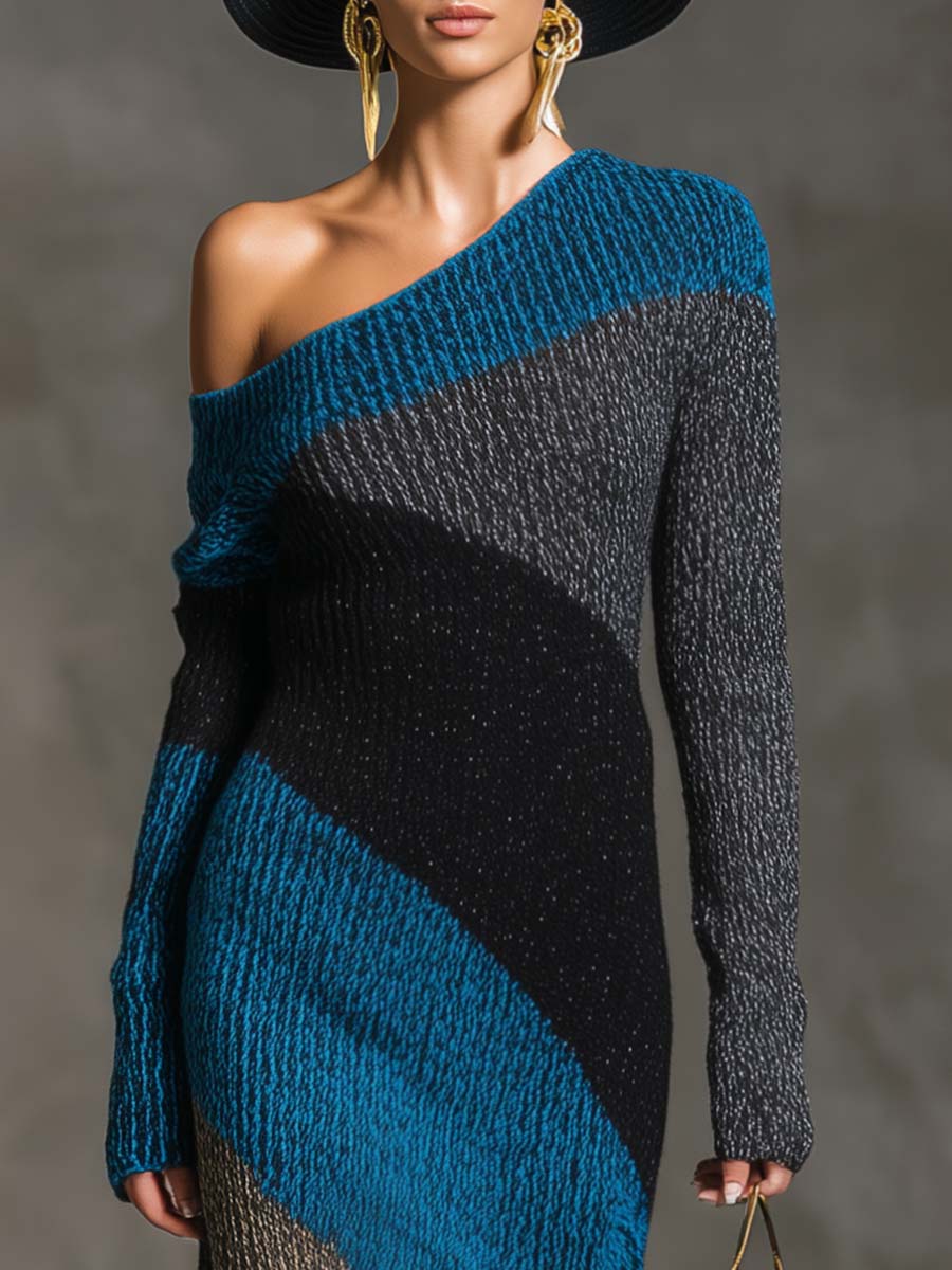 Elegant Retro One-shoulder Long-sleeved Blue Gray And Black Contrast Knitted Maxi Dress