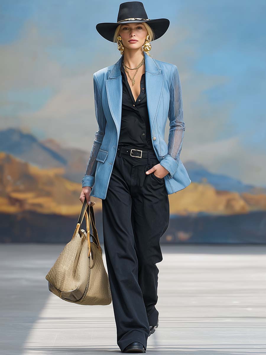 Exquisite Casual Notch Lapel Organza Long Sleeve Light Blue Denim X-type Blazer