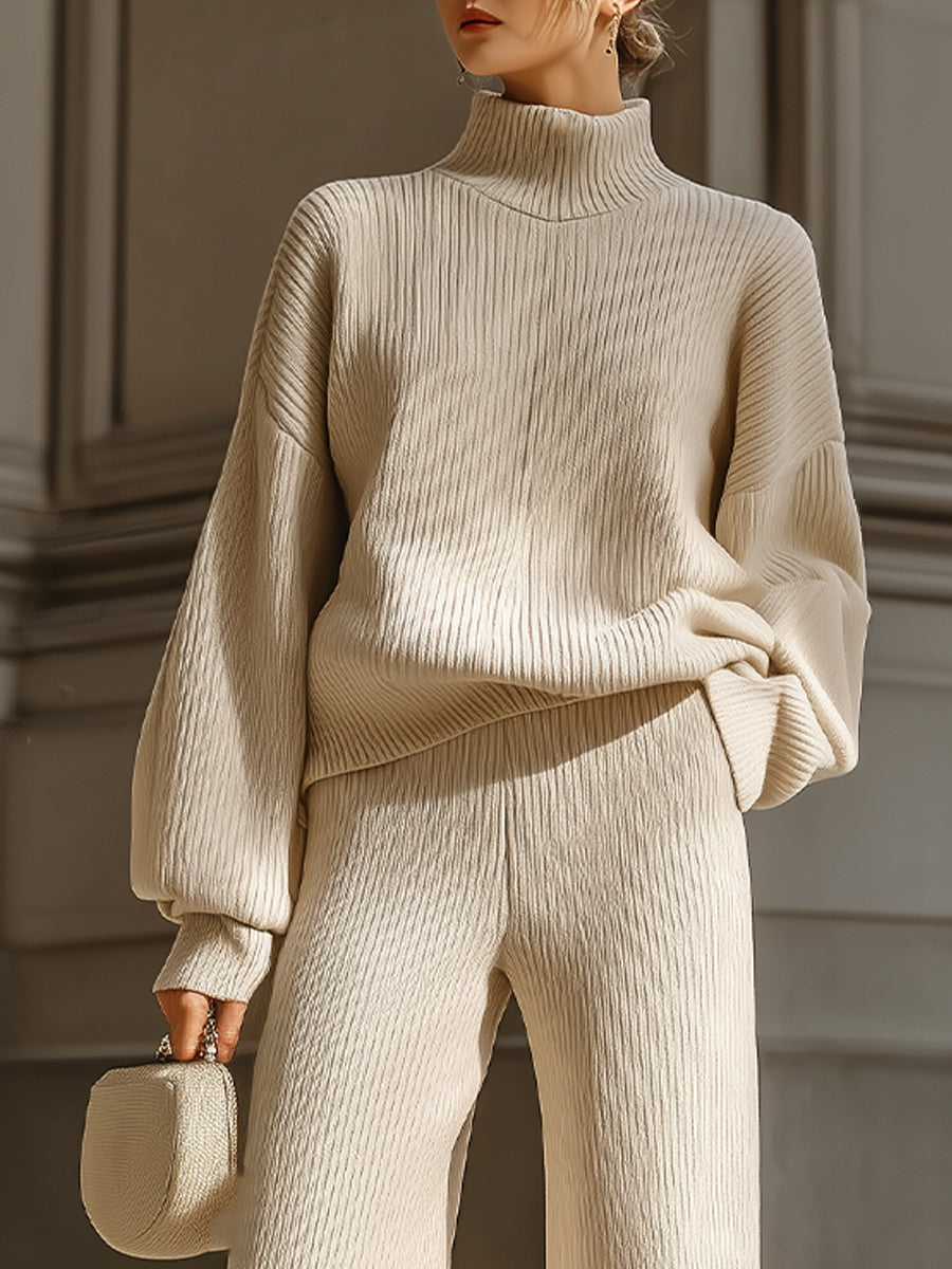 Beige Ribbed Knit Turtleneck Lounge Set