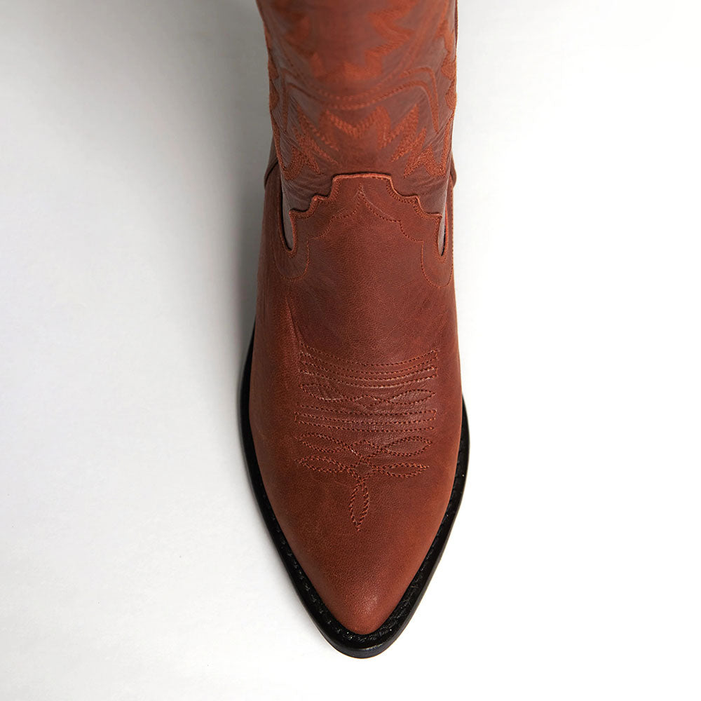 Embroidered Pointed Toe Block Heel Mid Calf Brown Western Boots