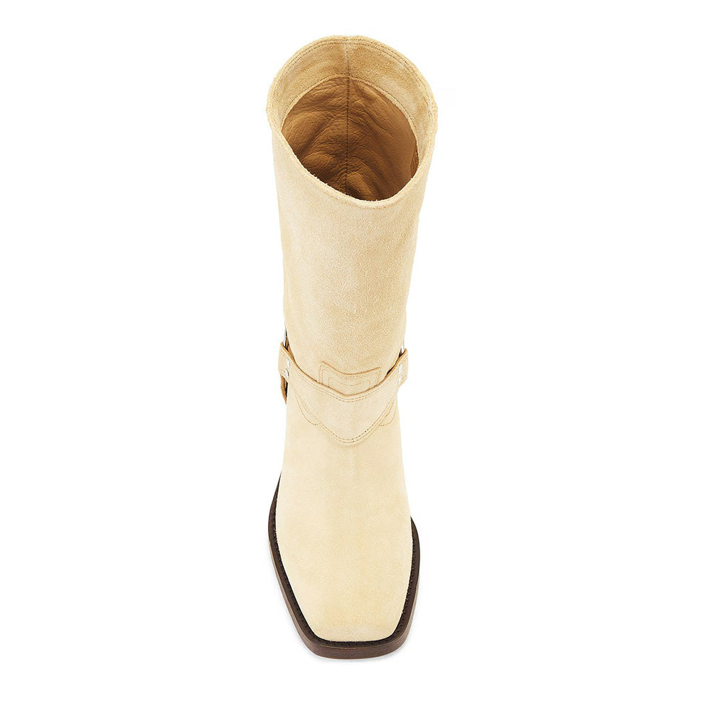 Beige Square Toe Hardware Ring Strap Women's Motorcycle Boots