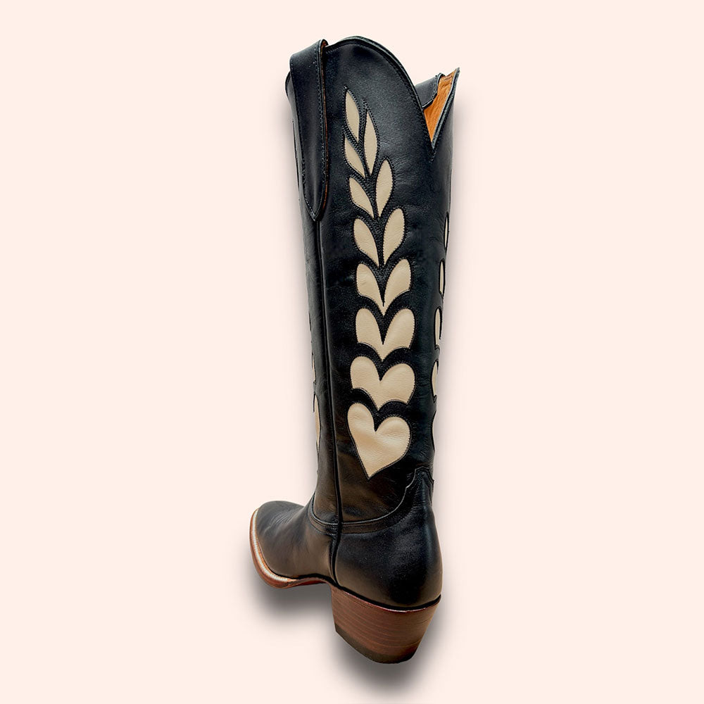 Beige & Black Inlay Round Toe Chunky Heel Wide Calf Cowgirl Boots