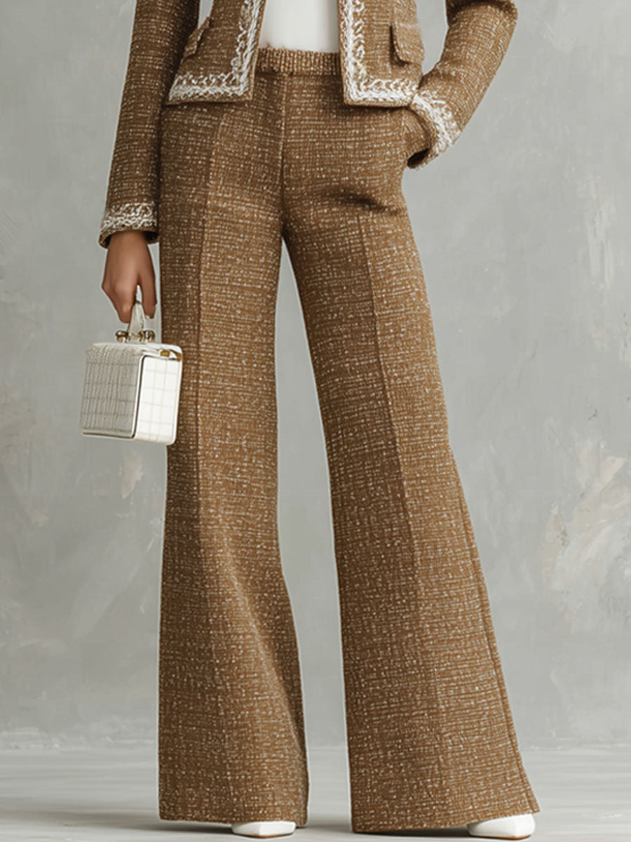Elegant Textured Fabric Round Neck Jacket And Wide-leg Pants Set