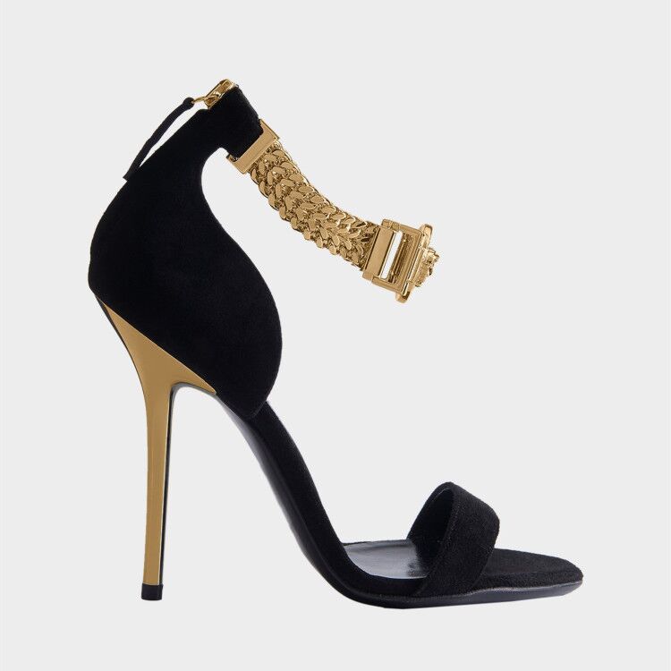 Fashion Open Toe Chain Buckled Ankle Strap Heeled Sandals in Black