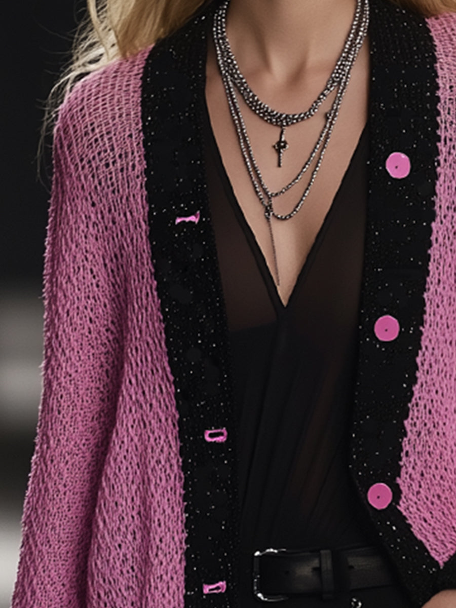 Elegant And Charming Rose Pink Hemmed Button Knitted Cardigan
