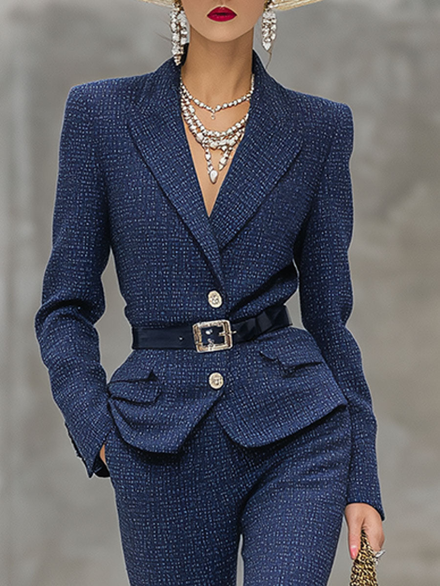 Elegant Vintage Blue Tweed Jacket And Pants Suit