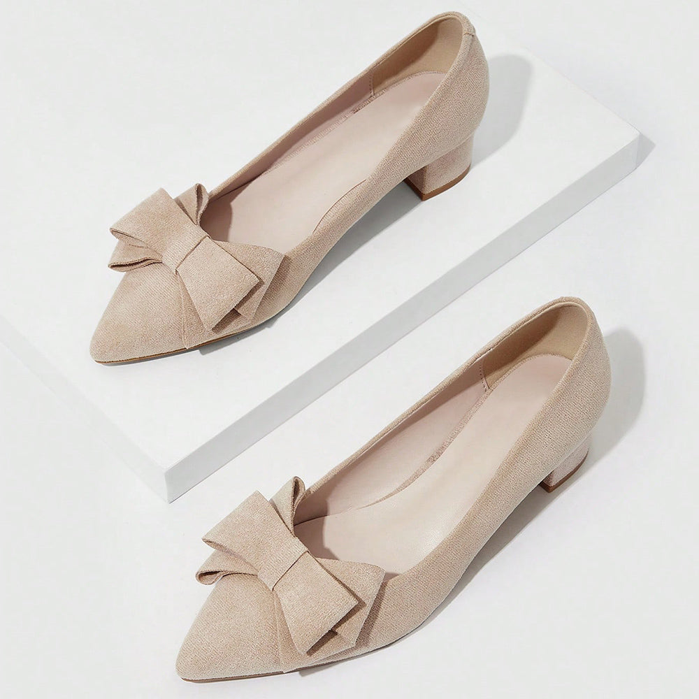 Beige Faux Suede Closed Toe Chunky Heel Pumps with Bow
