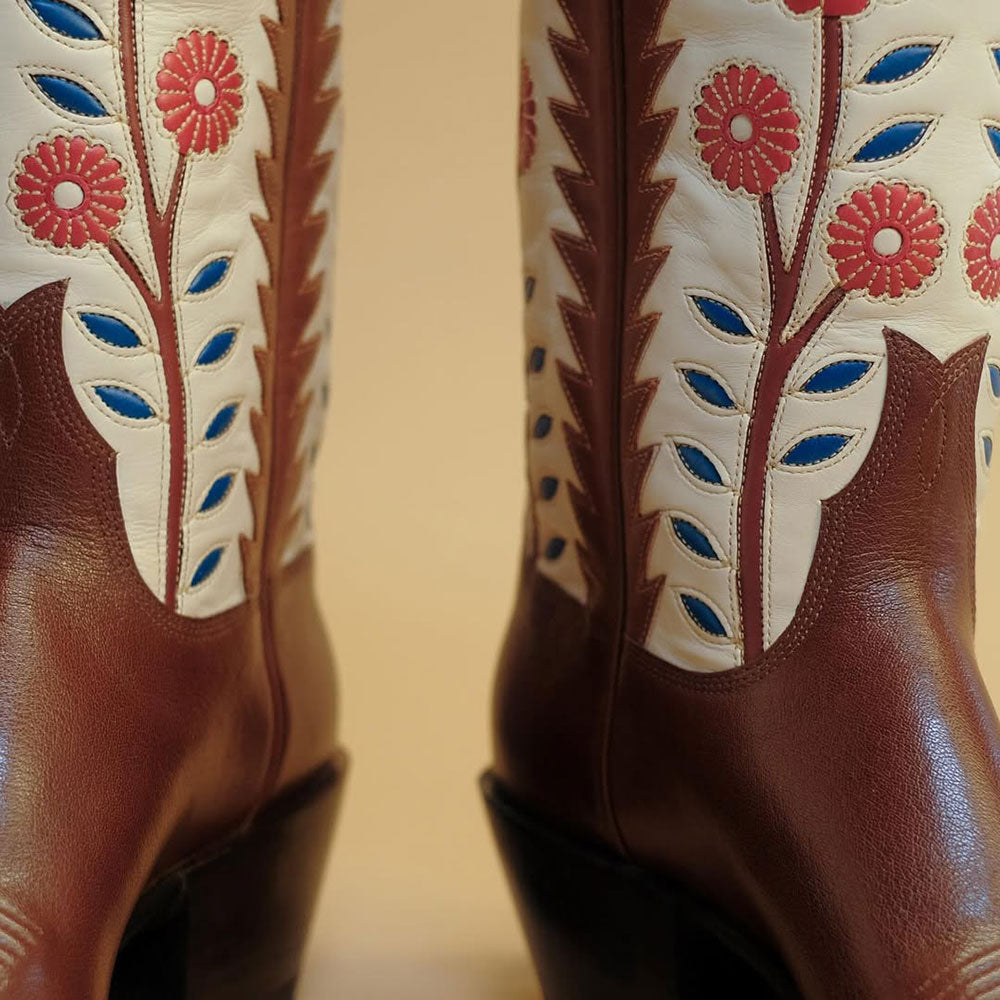 Embroidered Flower Snip Toe Brown & Beige Cowboy Boots for Women