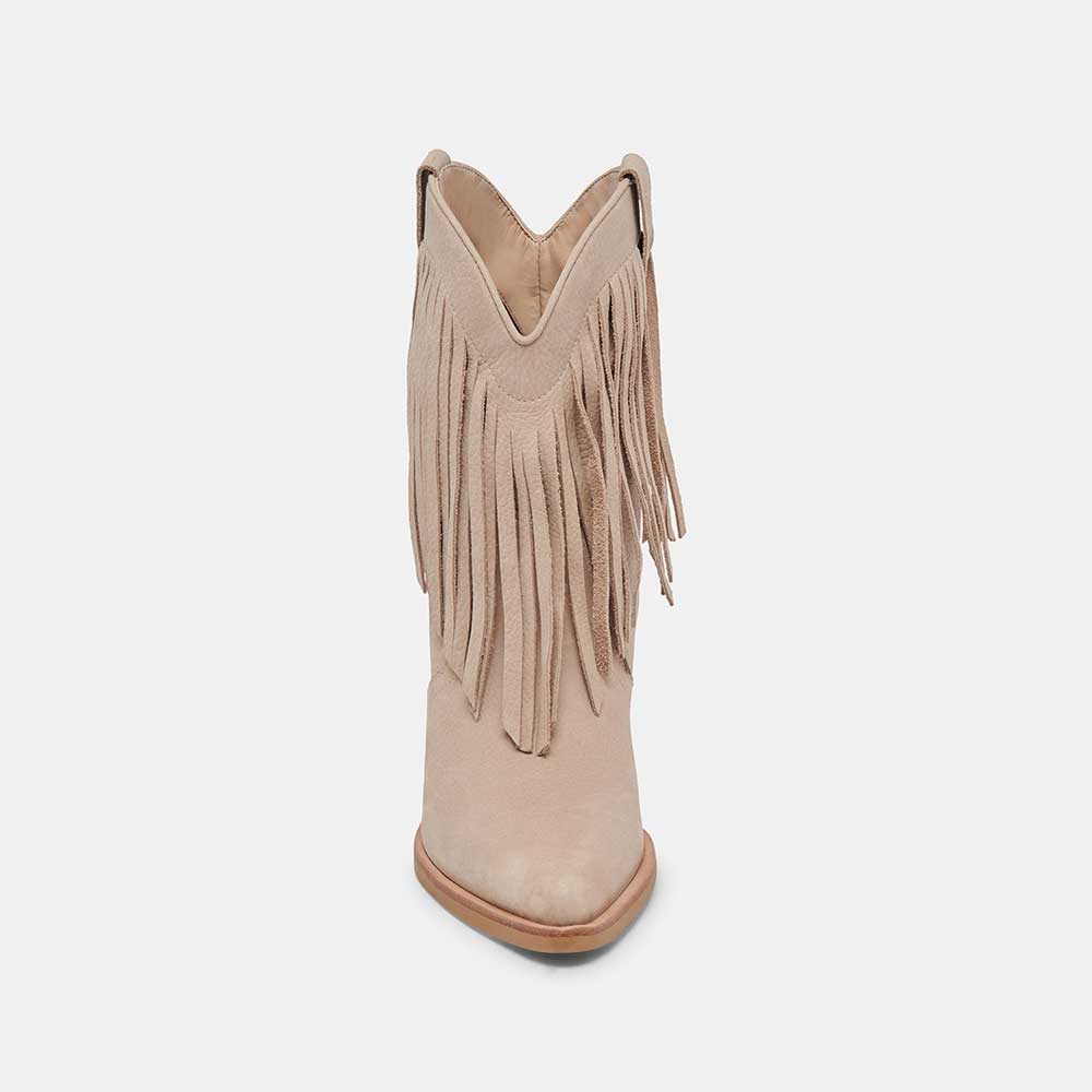 Beige Pointed Toe Fringe Ankle Length Cowgirl Boots with Chunky Heel