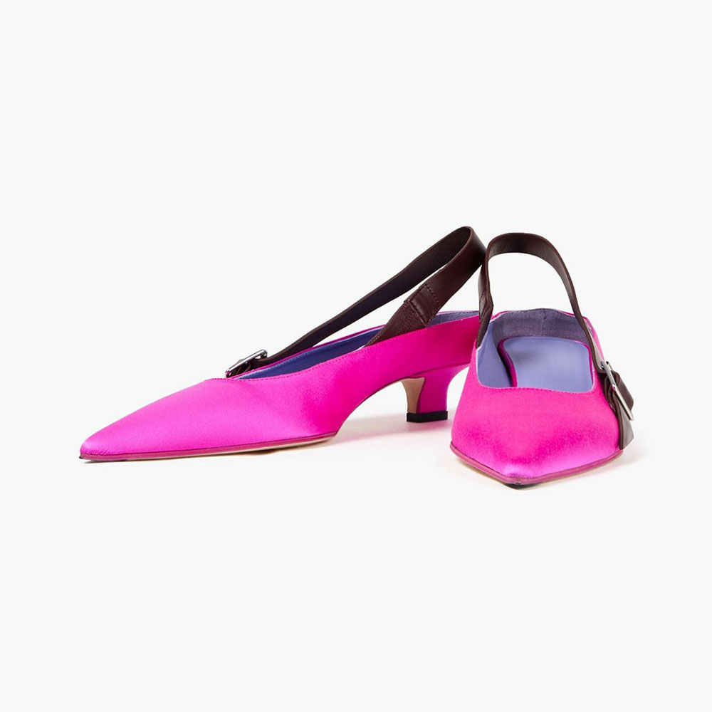 Fuchsia & Brown Satin Pointed Toe Kitten Heel Slingback Pumps