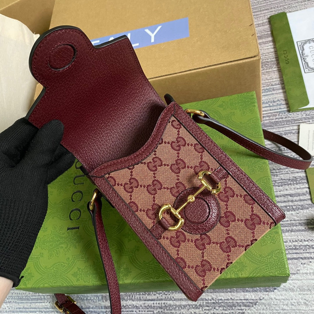 gg Horsebit 1955 Mini Bag Beige And Burgundy gg Supreme Canvas For Women 6.7in/17cm gg 625615F6B3G9865