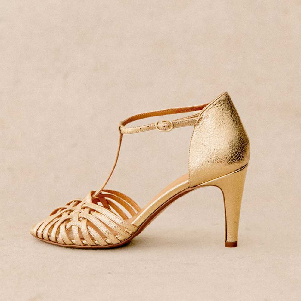 Fashion Gold Metallic Peep Toe T-Strap Women's Sandals with Cone Heel