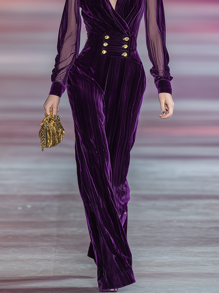 Exquisite And Fashionable V-neck Gold Double-breasted Purple Organza Spliced velvet Jumpsuit