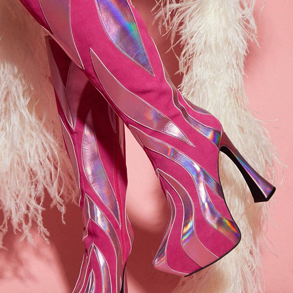 Fuchsia Vegan Suede Splicing Pointed Toe Flared Heel Platform Boots